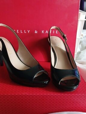 Kelly & Katie Black Patent Peep-Toe Slingback Pumps